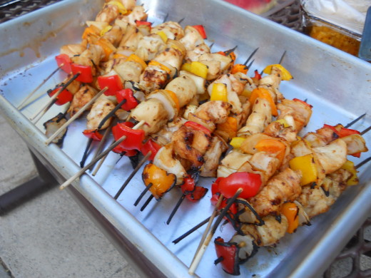 Grilled Ka-bobs with chicken, bell pepper, onions, and tomatoes. A gluten friendly meal on a stick. 
