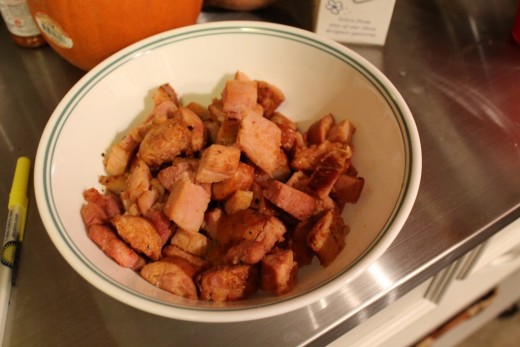 The andouille sausage and ham ready to go into the pot. 